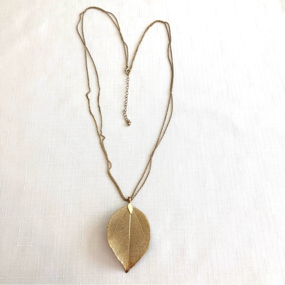 Goldtone Long Double Strand Chain with Mesh Leaf Necklace